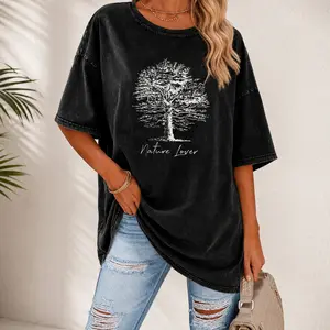 Womens Vintage Washed Cotton T-shirt 230g Thick Short Sleeve Round Neck Retro Loose Fit Casual Spring Summer Layering Piece
