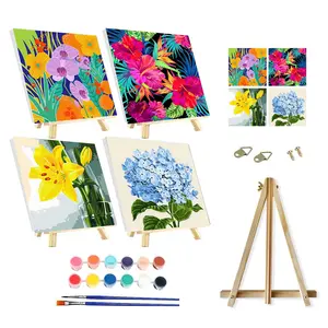 SupaDiya Framed with Easel 4 Pcs DIY Paint by Numbers Kit for Adults Beginners, Flowers Easy Acrylic Watercolors Oil Number Painting Art on Canvas with Easel for Home Wall Decor and Gift 8x8inch