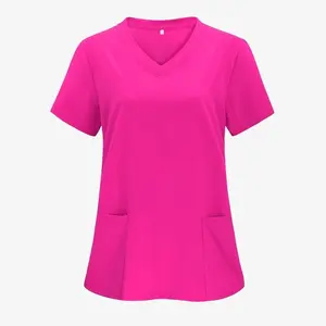 Energetic Solid Color V-Neck Fitted Scrub Top - Elegant Short Sleeve, with Patch Pocket, Machine Washable Nylon Fabric, Non-Stretchy, No Print - Perfect for Medical Nurses and Women's Workwear