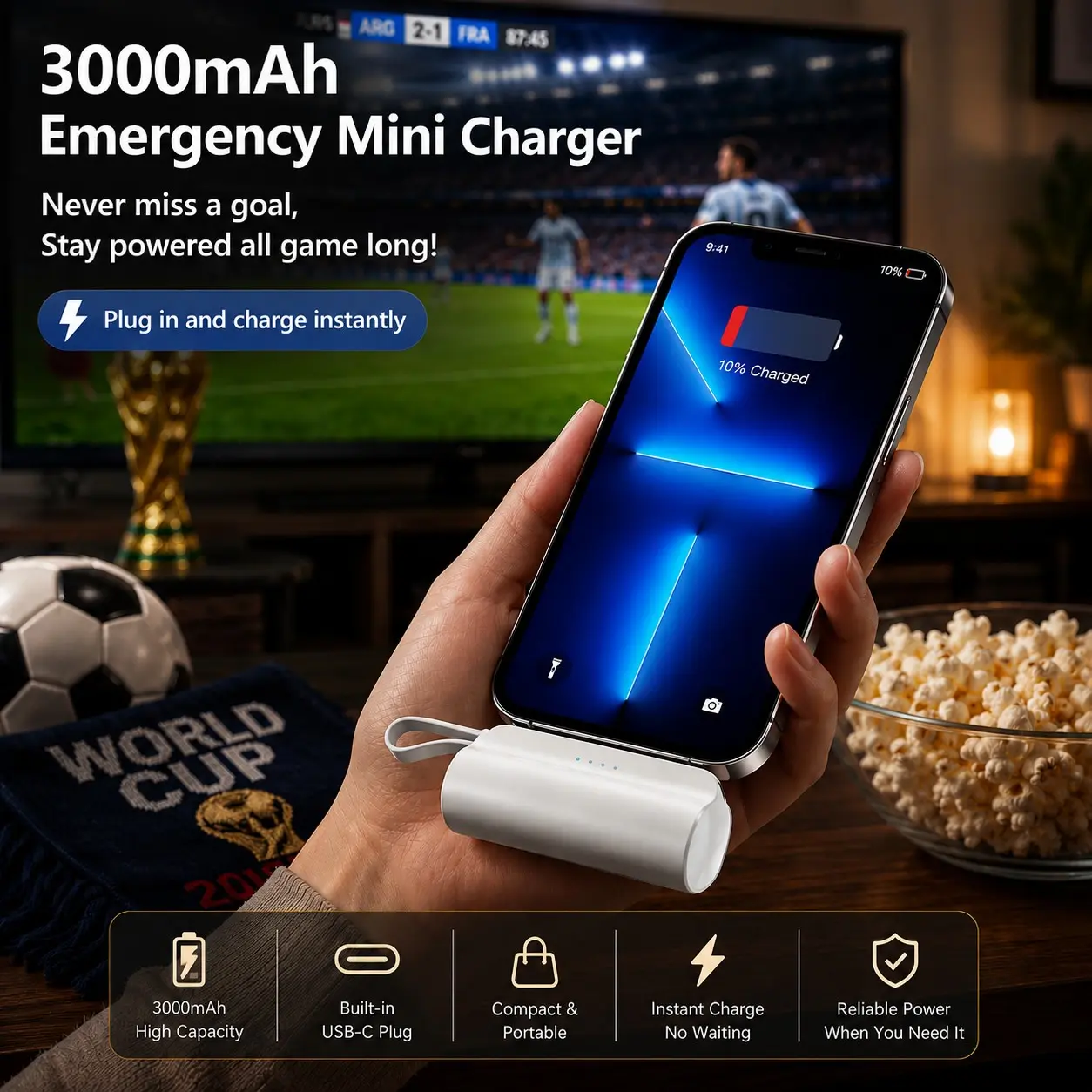 3000mah Mini Compact Power Bank with Extendable Cable Stand, Dual USB Charging, Portable Emergency Charger for Apple Android Type-C, Travel Essential