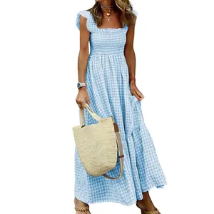 Chouyatou Women's Sleeveless Strap Retro Plaid A-Line Smocked Maxi Long Dress with Ruffled Hem