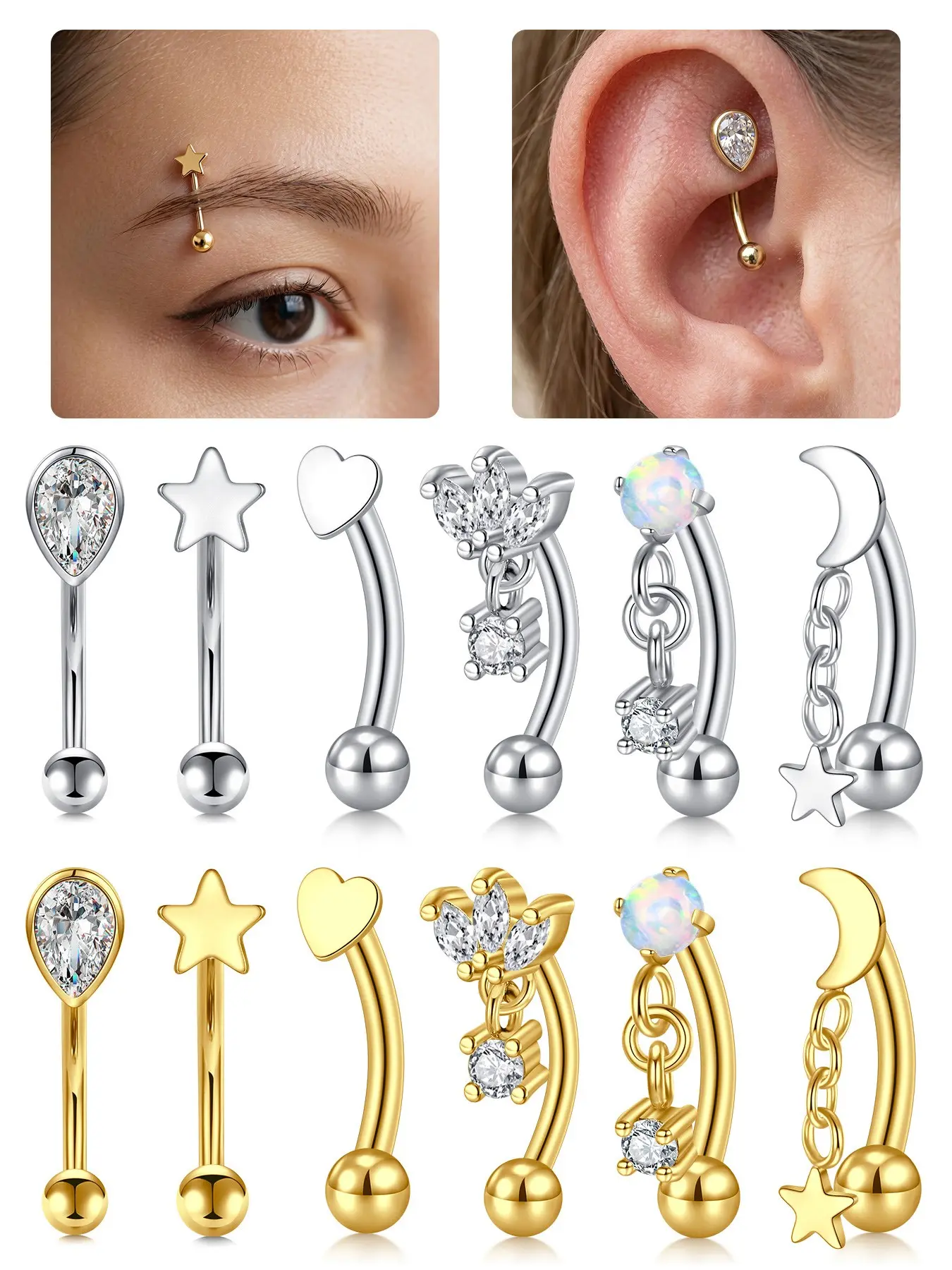 Cz Rook Piercing Jewelry, Chic Pierced Body Jewelry, Body Piercings, 16g Stainless Steel Eyebrow Rings, Heart & Moon-Shaped, 8mm Rook Earrings, Punk Style, All Seasons