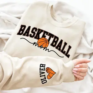 Basketball Mom Kids Name On Sleeve Sweatshirt, Basketball Mom Sweatshirt, Basketball Game Day, Basketball Team Shirt, Mama Basketball Season