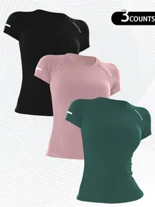 Women's Letter-Print Raglan-Sleeve Sports Tee, Breathable Quick-Drying Round-Neck Short-Sleeve T-Shirt for Yoga, Workouts and Running, Ladies' Sportswear for All Seasons