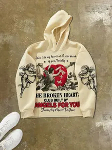 Men's Angel & Letter Print Hoodie, Regular Fit Casual Street Soft Comfy Knit Long Sleeve Hooded Sweatshirt, Funny Graphic Sweatshirt, for Daily Wear, Men's Clothes for Spring & Fall, Fitted, Tops