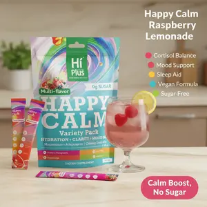 HiPlus Happy Calm Raspberry Lemonade Drink Powder - 20 On-the-Go Packets, with L-Theanine, KSM-66 Ashwagandha, Magnesium Complex, Dietary Vitamins for Women, Supports Cortisol Balance, Mood, Sleep, Metabolism, Vegan, Sugar-Free, GMO-Free, pH Balancing