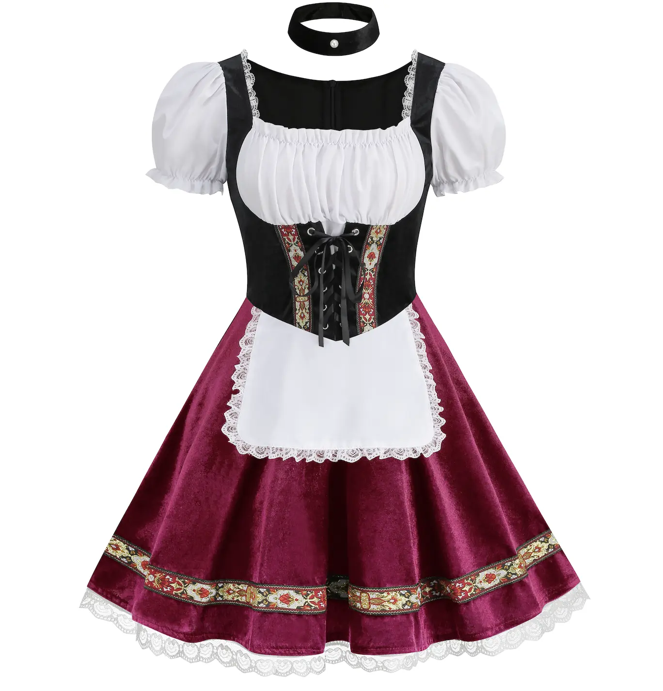 Women's Bavarian Dirndl Dress Oktoberfest Costume Velvet German Beer Festival Outfit Puff Sleeve Dress