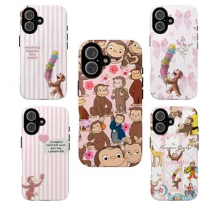 Cute Monkey Tough Phone Case, Pink Aesthetic Cartoon Design for ip and ss, Curious Georgee Protective Cover, gift for her for him