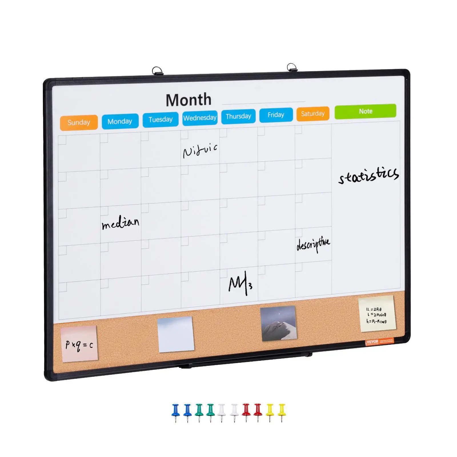 VEVOR 36"x24" Multi-Use 2-in-1 Magnetic Dry Erase & Cork Board Combo with Aluminum Frame, Calendar Display, 5-Layer Corrugated Paper, 10 Push Pins, Wall Mount for Office, Children’s Rooms, Classroom, Kitchens#BacktoSchool