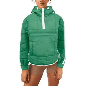 Imily Bela Womens Puffer Pullover Jacket Winter Quilted Hoodies Contrast Trim Hooded Puffy Coat Outerwear with Pockets