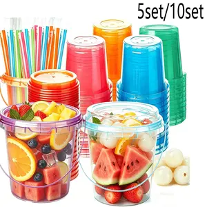 5/10 Sets 34oz Disposable Plastic Drink Cups with Lids and Straws, Ice Coffee Mugs, Rum Buckets for Cocktail Parties, Beach Pool Party Supplies, Disposable Products