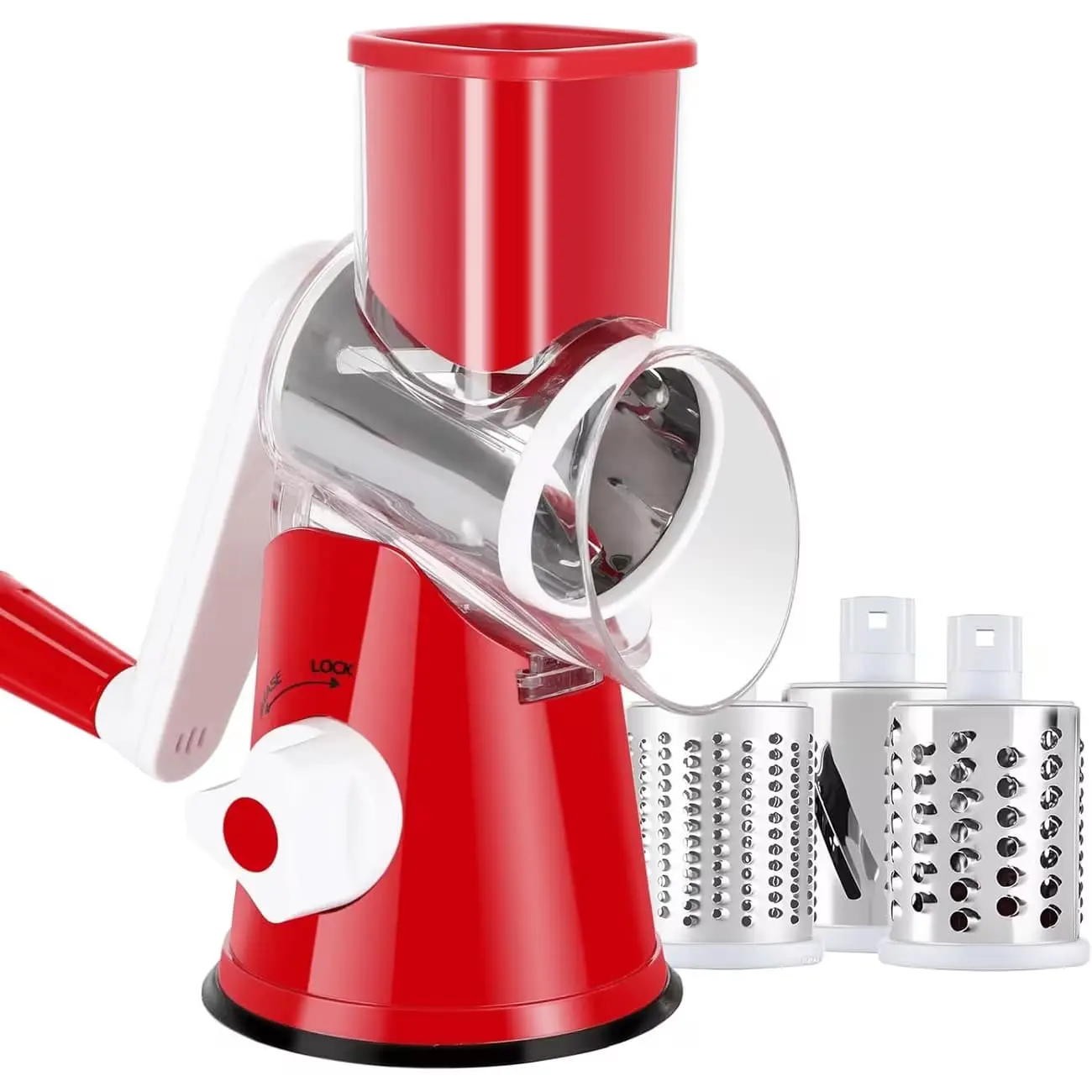 3-In-1 Rotary Cheese Grater & Vegetable Slicer, Manual Hand Crank Food Processor with Interchangeable Stainless Steel Drum Blades, Kitchen Cheese Shredder for Vegetables, Fruits, Nuts & Chocolate