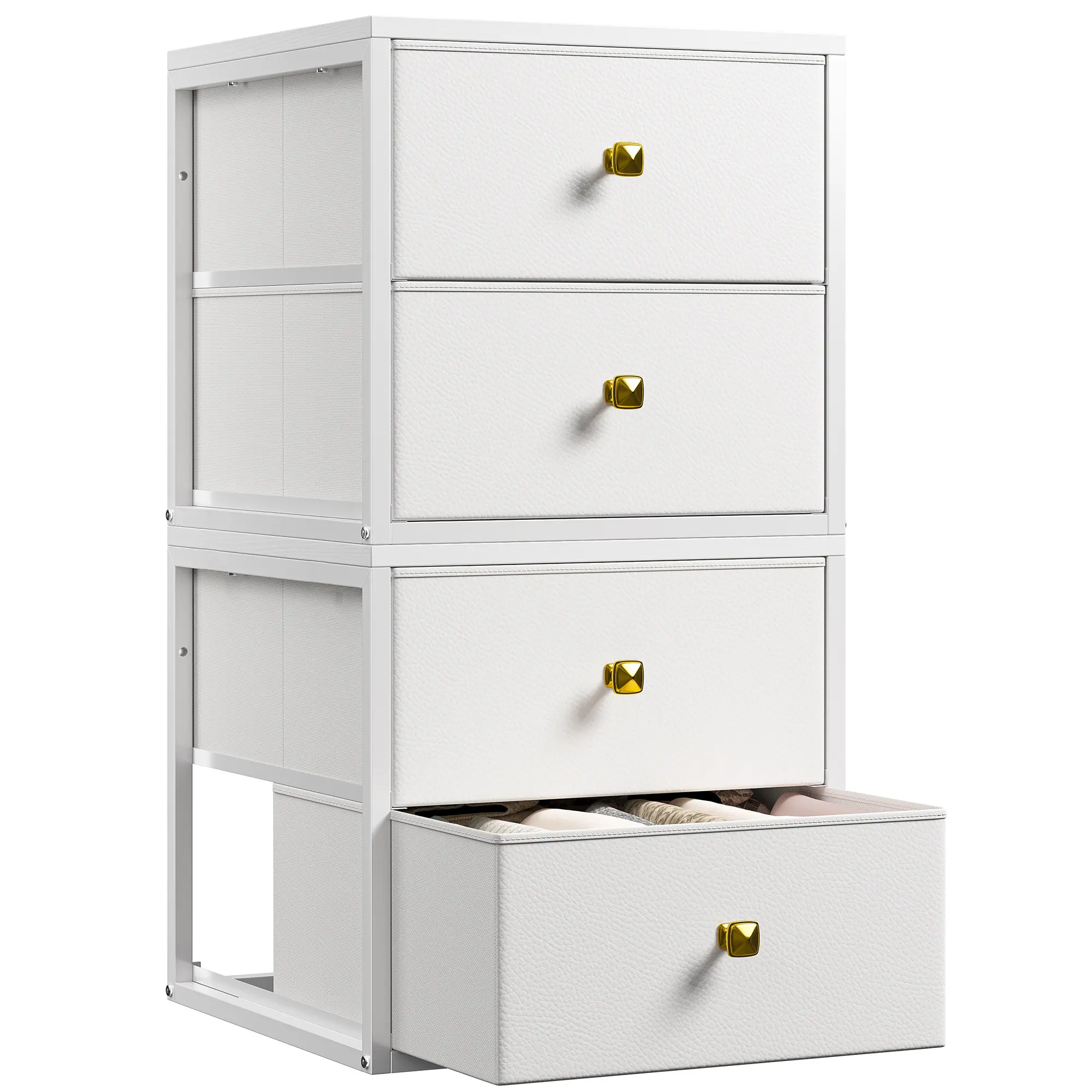 Raybee Stackable Storage Drawers (4 Drawers Total, 22LBS Per Drawer) Closet Organizer and Storage with Fabric Bins & Wood Top, Metal Frame Freestanding Dresser for Bedroom, Under Bed, Dorm Room, Apartment Renters, Affordable Clothes Storage Cabinet
