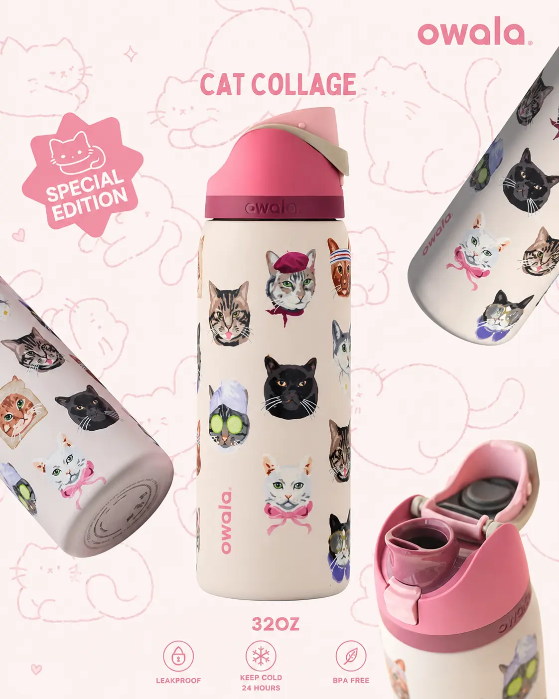 Owala UO Exclusive Pink Cat Collage FreeSip 32 oz Water Bottle Owala UO Exclusive Pink Cat Collage FreeSip 32 oz Water Bottle