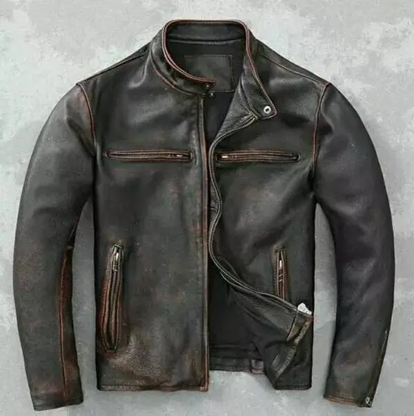 Men’s Motorcycle Biker Vintage Cafe Racer Distressed Brown Real Leather Jacket