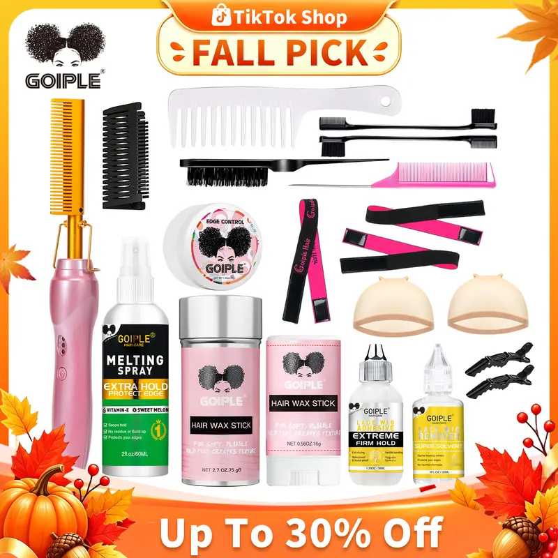 Goiple Pink Electric Hot Comb Set for Wigs - 19-Count Salon Hair Straighteners with Adjustable Temp, Wide Tooth Comb, Smoothness-Enhancing Styling Brush, All Hair Types, Easy to Clean, 2.7oz Wax Stick