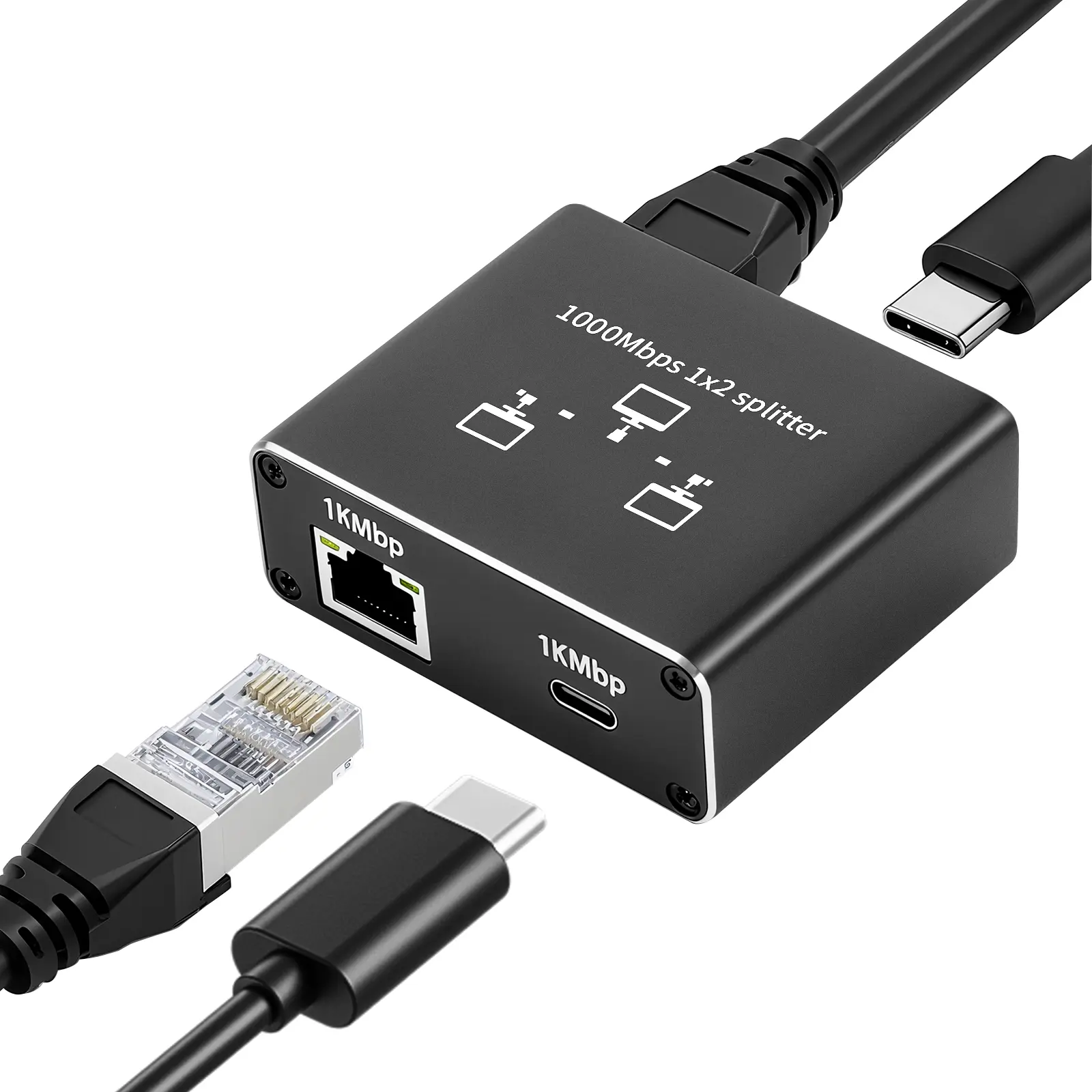 BYTECC 1×2 Gigabit Ethernet Splitter Main Unit, 1000Mbps Unmanaged Aluminum Alloy Adapter with 5V/1A, Durable Aluminum Alloy Housing, RJ45 to RJ45 & Type-C Dual Output for Laptop, Local Stock