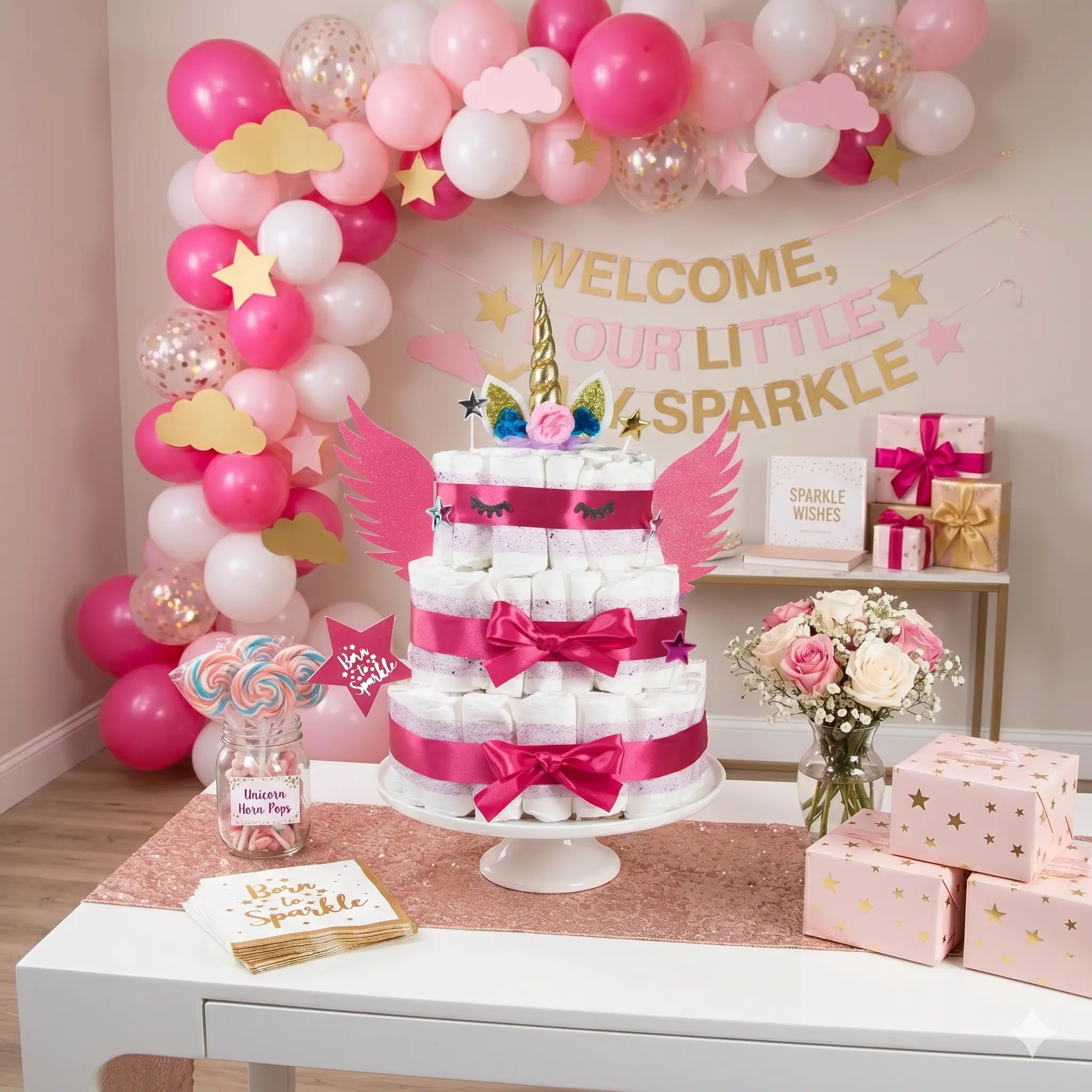 Premium Unicorn Diaper Cake Kit, Shiny Magical Star-Themed Gift Set for Festive Party Decorations