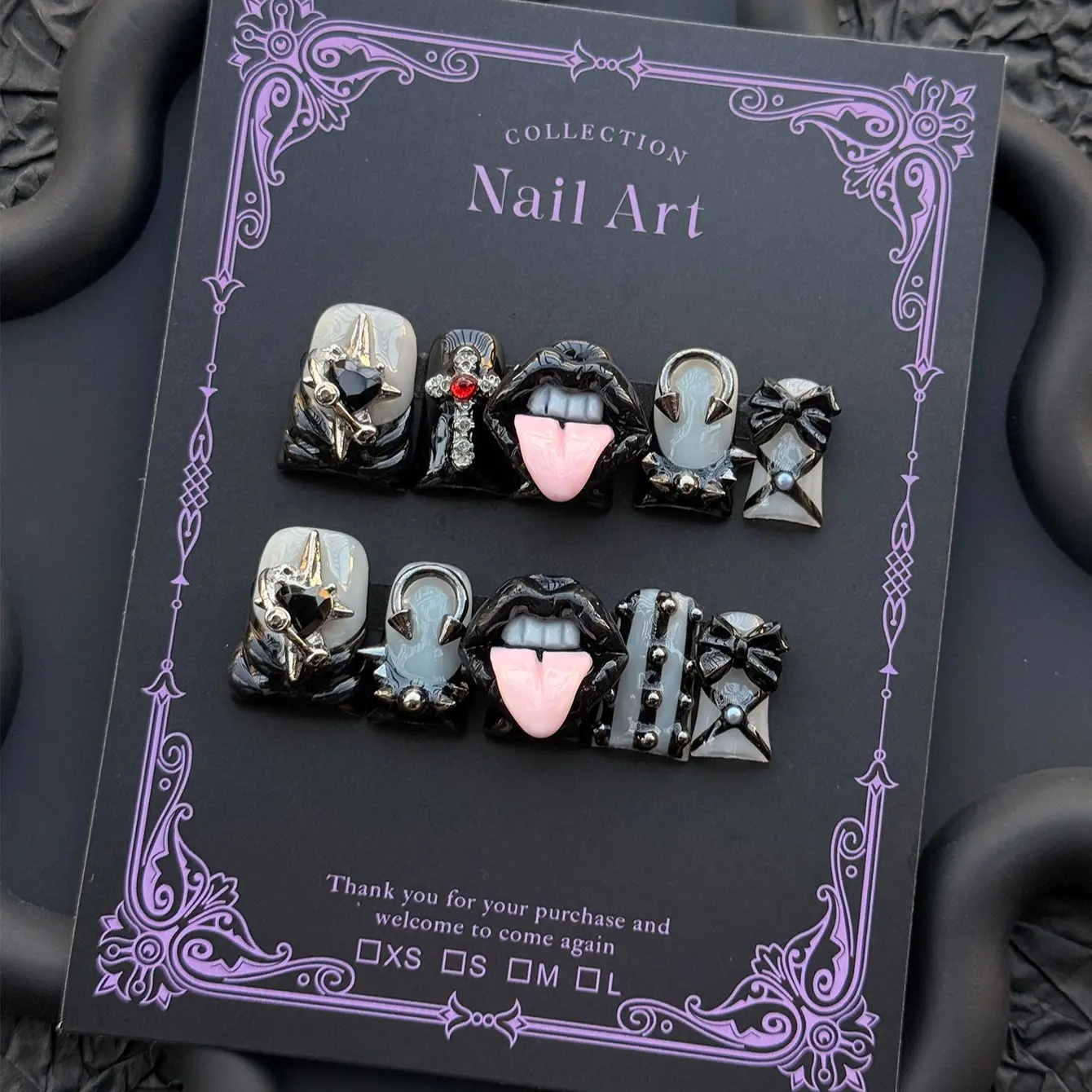 Y2K 10pc handmade press on nails, Glossy false nails, Fake nails, Dark Gothic Rock style black lips medium-length duckbill-shaped nail stickers, black French nail decorations, Perfect for daily wear, attending concerts