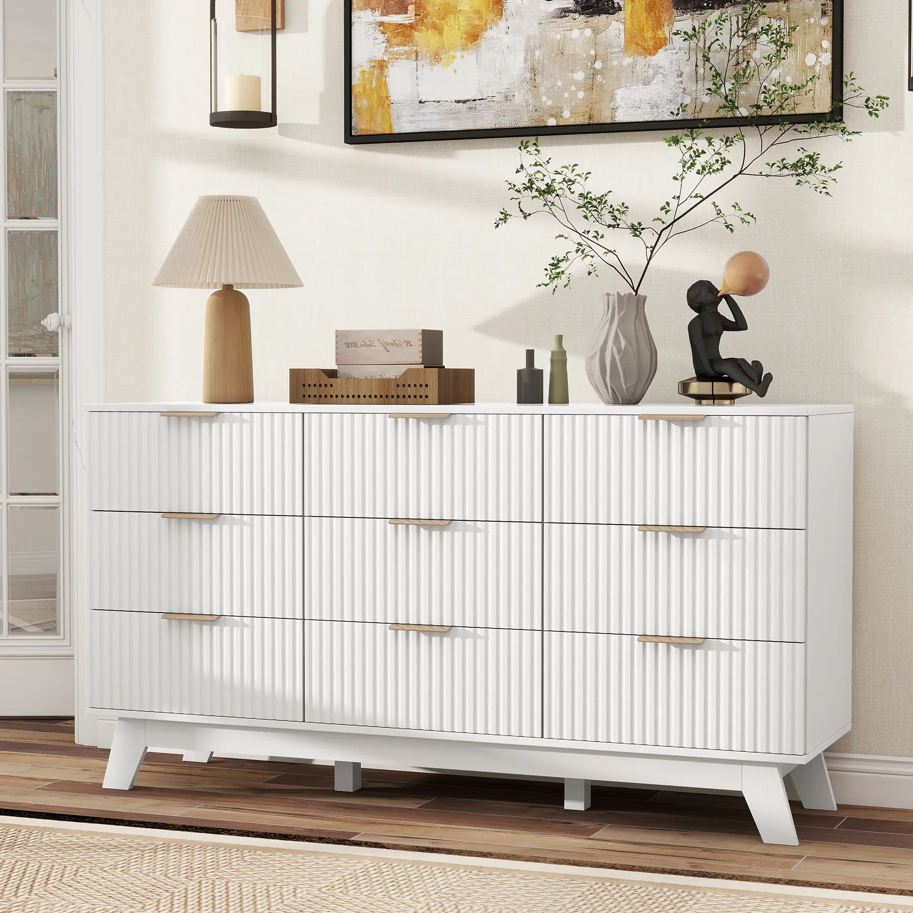Fluted 9 Drawer Dresser for Bedroom,57" Wide Modern Chest of Drawers with Metal Handles,Heavy Duty Wood TV Stand,Wood Closet Clothes Storage Organizer for Living Room,Hallway,Entryway
