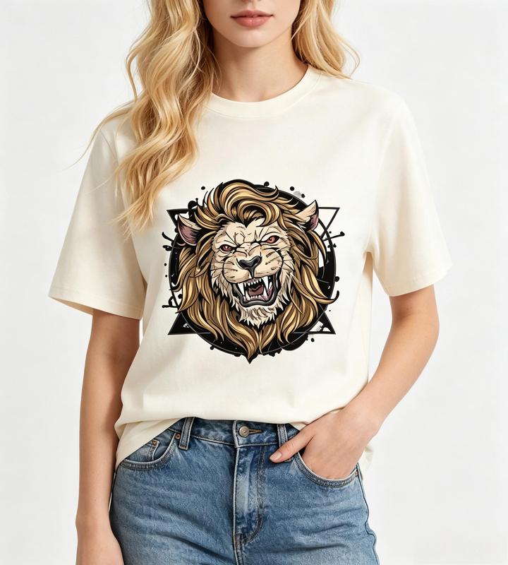 Women's Cotton Crew Neck Short Sleeve T-Shirt - Beige, Breathable Fitted Cut Streetwear Clothing with Geometric Modern Art Wildlife Animal Graphic Print, Casual Beach Tee #sohochic