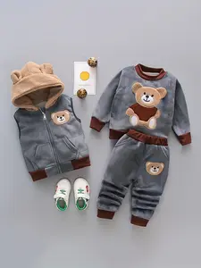 Thick Fleece Hooded Vest with Bear Embroidery, Long Sleeve Sweatshirt and Sweatpants, Fashionable Kids' 3-Piece Clothing Set for Fall and Winter