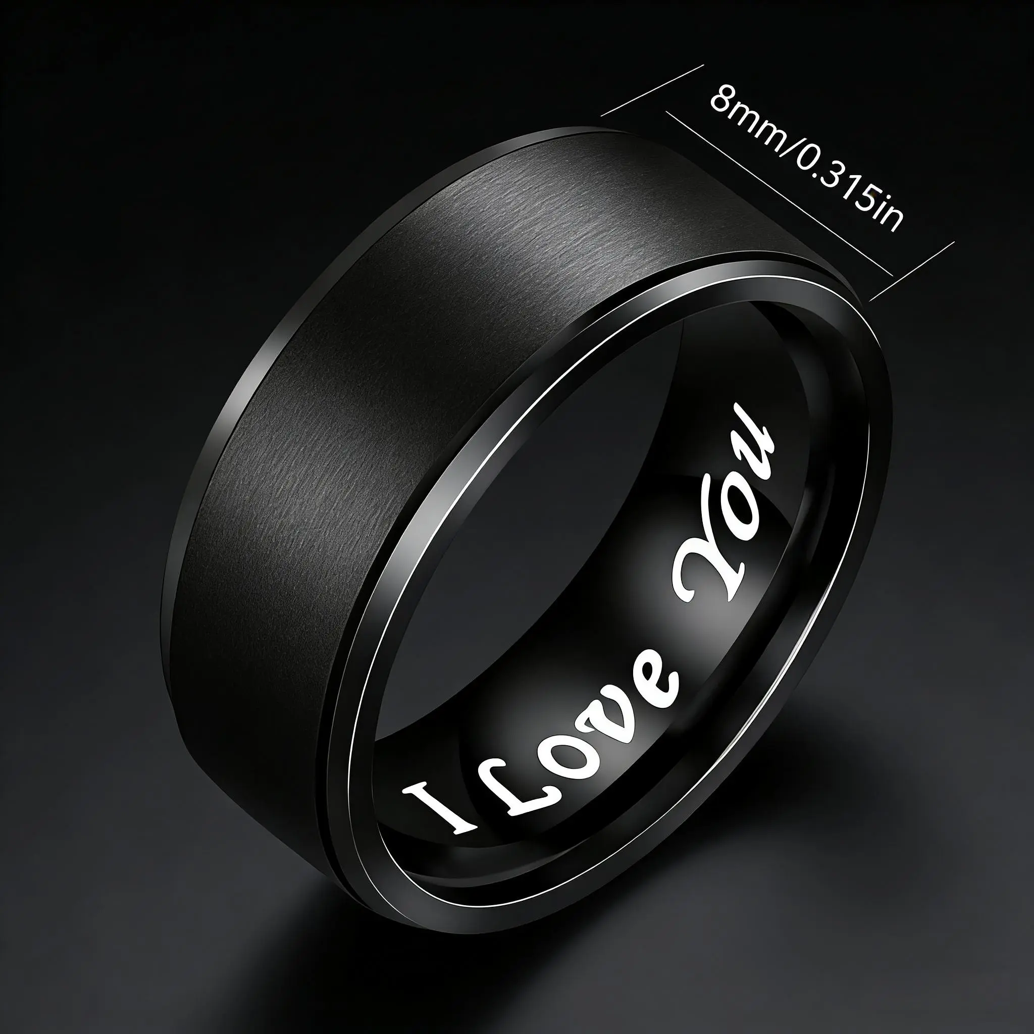 Men's 8MM Black Brushed Titanium Steel Wedding Ring, Inner-Engraved "I Love You", Comfort-Fit Hypoallergenic Fade-Resistant Promise Ring for Him, Couple Engagement Anniversary Gift, Rings