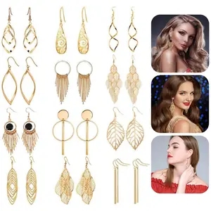 12 Pairs Gold Hoop Earrings for Women Long Layered Leaf Earrings Vintage Statement Dangle Drop Earrings Set