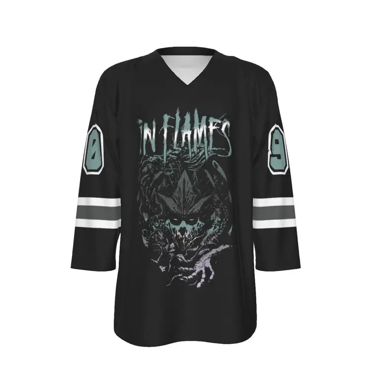 In Flames Unisex V-neck Hockey Jersey, American Hockey 3D Printed Jersey Shirt, Sport Lovers Gift, Hockey Team Long Sleeve Jersey Shirt, Gift For Fans