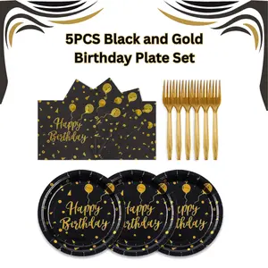 75PCS Black and Gold Birthday Plate Set – 7 Inch Happy Birthday Paper Plates, Napkins, and Gold Forks – Disposable Party Tableware for Birthday Decorations, Serves 25 Guests