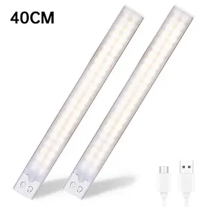 15.7in(40cm)-2 Pack Under Cabinet Light with Motion Sensor USB Rechargeable Battery Operated Magnetic Closet Kitchen Counter LED Strip Auto Shut-Off Eye-Care Gradual Brightness