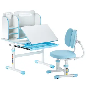 【fathersdaygift】VEVOR Kids Study Chair and Desk Set Study Desk and Chair for Kids with Bookshelf & Storage DrawerAdjustable Height & 0-40° Tilted Desktop Desk and ChairStudy Table for Bedroom & Study RoomBlue