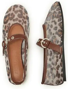 Womens Flat Leopard Mesh Ballet Slip On Mary Jane Casual Ballerina Shoes Footwear Girl Walking Shoes Running Buckle