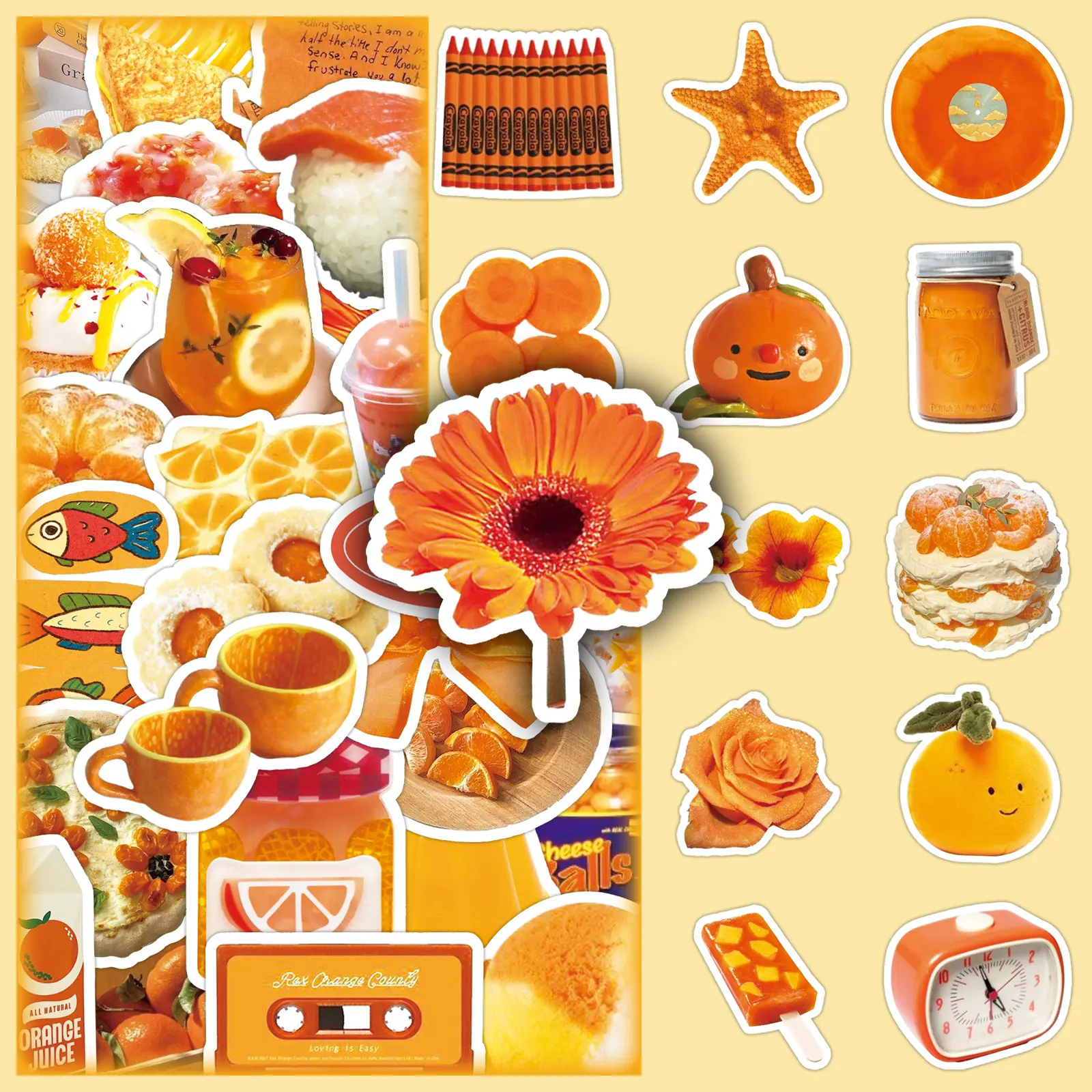 100 Sheets Orange Aesthetic DIY Decorative Stickers (2 Pattern Sets) - Waterproof Vinyl Decals for Laptops, Waterproof Durable Sticker, Water Bottles & Scrapbooking, Sticker Packs