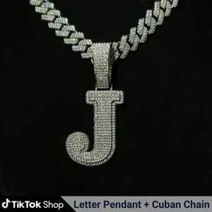 [JEWELRY SET]Custom Letter Pendant with 13mm SIlver Color Cuban Chain