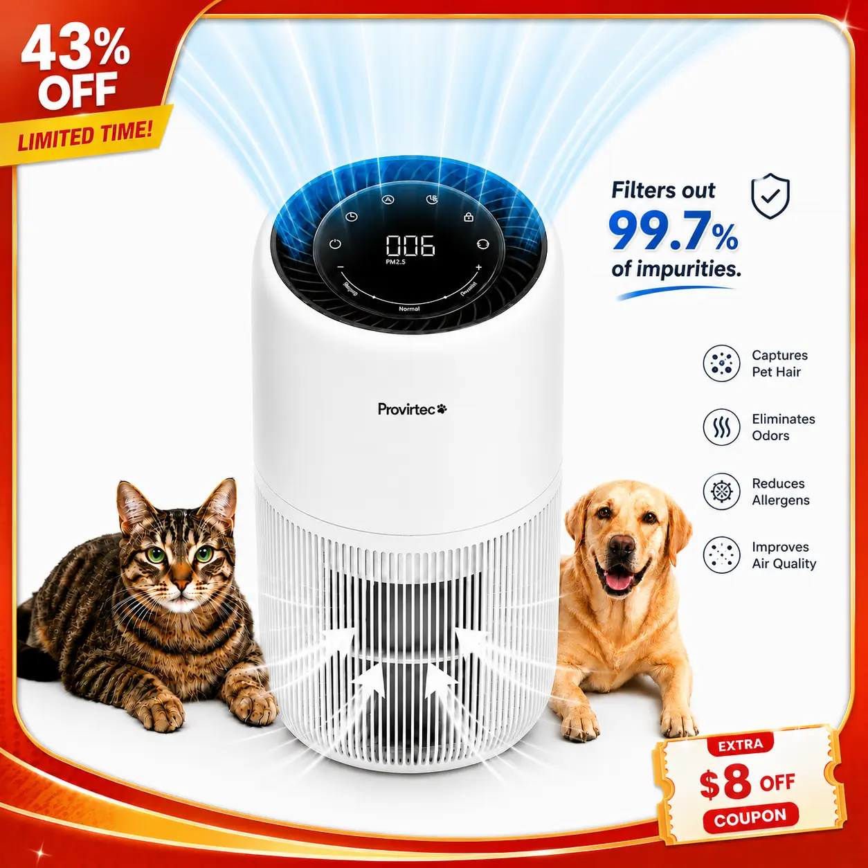 Provirtec Pet Air Purifier for Home Bedroom, Bonus 2 Extra Filters,Up to 1500 sq.ft, 5-Stage H13 True HEPA, All-Around Grille Intake, Enhanced Activated Carbon for Cat Litter Smell Dog Hair Dander Allergies, Washable Pre-Filter, Auto Quiet Sleep Mode, Odo