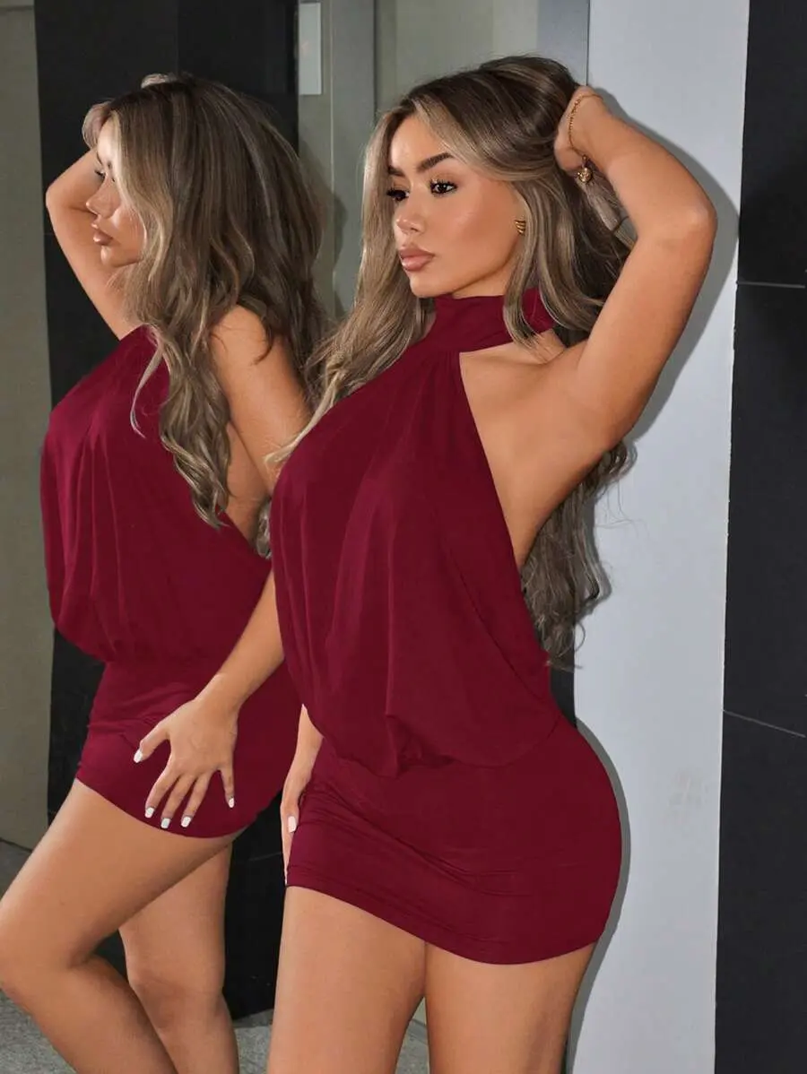 Solid Color Halter Backless Ruffle Bodycon Mini Dress Short Red Dress Dark Red Dress Red Wine Dress Burgundy Dress