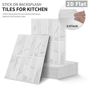 10 PCS White Marble (Jazz White) Vertical Stripe GST Tile Stickers | PE Crystal Foam Waterproof Anti-Collision | Peel & Stick Decor for Kitchen, Bathroom & Ceiling