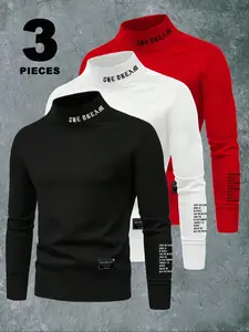 3Pcs Men's Letter Print Mock Neck Sweatshirt, Regular Fit Casual Long Sleeve Pullover for Spring & Fall, Fashion Men's Top for Daily Wear