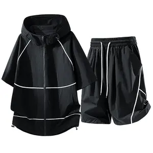Summer sun-protection two-piece set for men: short-sleeve jacket with hood, zipper, stretch buttons, and drawstring elastic waistband shorts with pockets; quick-dry, cool feel, streetwear brand, suitable for outdoor hiking and camping, ideal for everyday