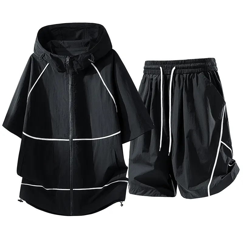 Summer sun-protection two-piece set for men: short-sleeve jacket with hood, zipper, stretch buttons, and drawstring elastic waistband shorts with pockets; quick-dry, cool feel, streetwear brand, suitable for outdoor hiking and camping, ideal for everyday
