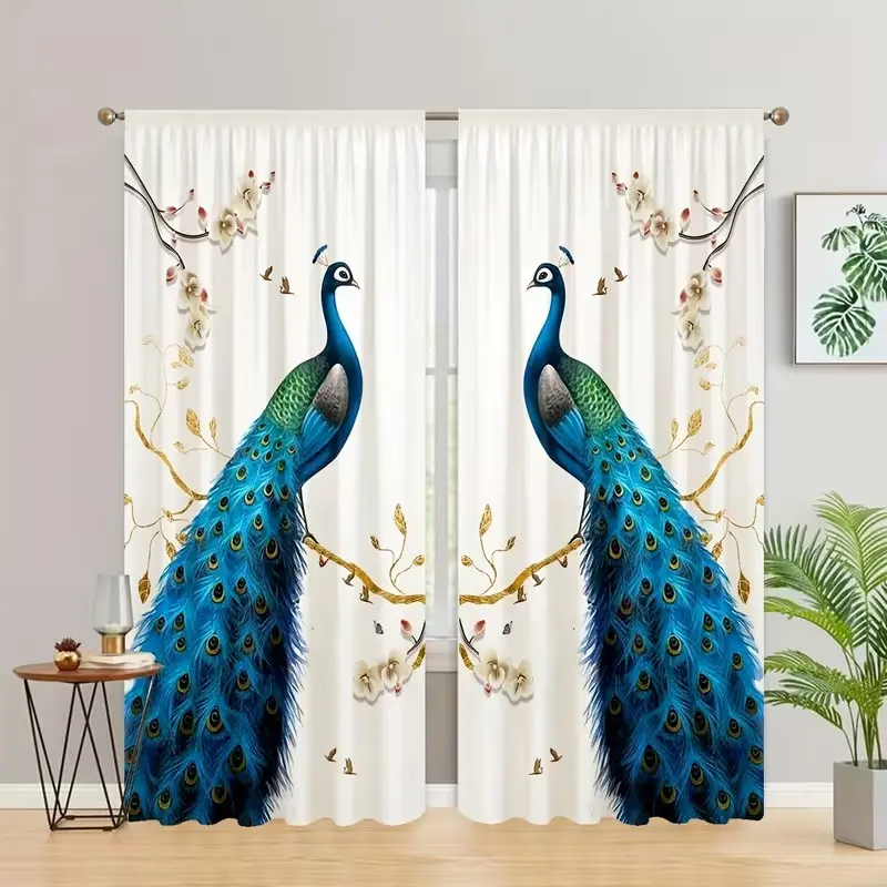 2 Piece Peacock Print Curtains, Rod Pocket Design, Half-Transparent Privacy Curtains, Easy to Hang, for Bedroom, Living Room, Kitchen, Closet, Home Decor, Home Decoration Curtain, Window Drapes