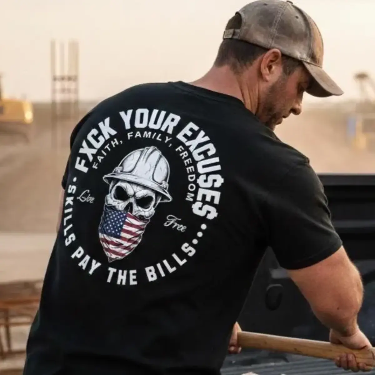 F*ck Your Excuses Skills Pay The Bills T-Shirt, Blue Collar Worker Shirt, Hard Hat Skull American Flag Graphic Tee, Oil Field Construction Gift for Men, Patriotic Workwear