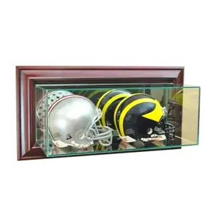 212 MAIN Cherry Finish Wooden Wall-Mounted Double Mini Helmet Display Case, UV Protected Sports Collectibles Accessory