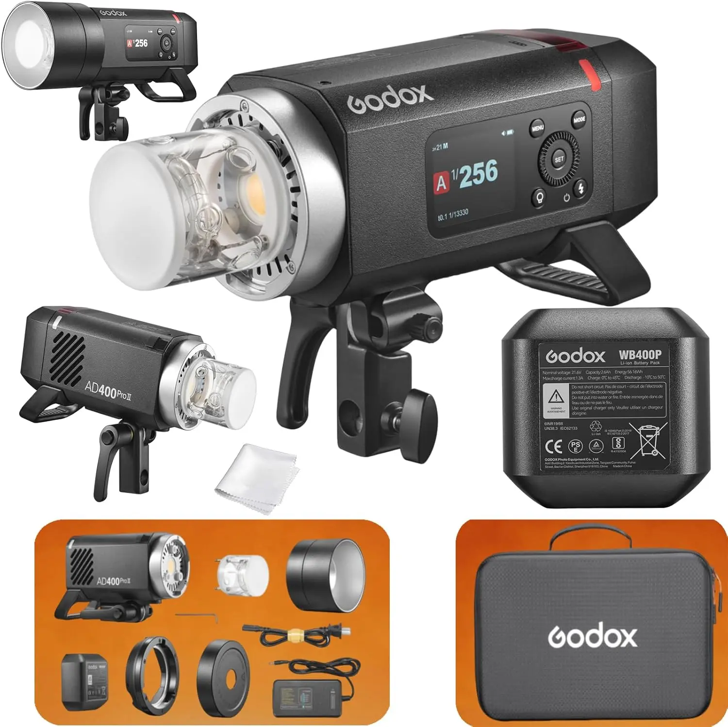 Godox AD400 Pro II  Flash, GN72 One-Tap Sync with X3/30W Bi-Color Modeling Lamp/Color Screen/16 Color Groups Indicator/Freeze Mode/460 Flashes/1/512~1/1 (with ± 0.1 Increment) Photography Lighting Kit Photographic Fill Light Camera