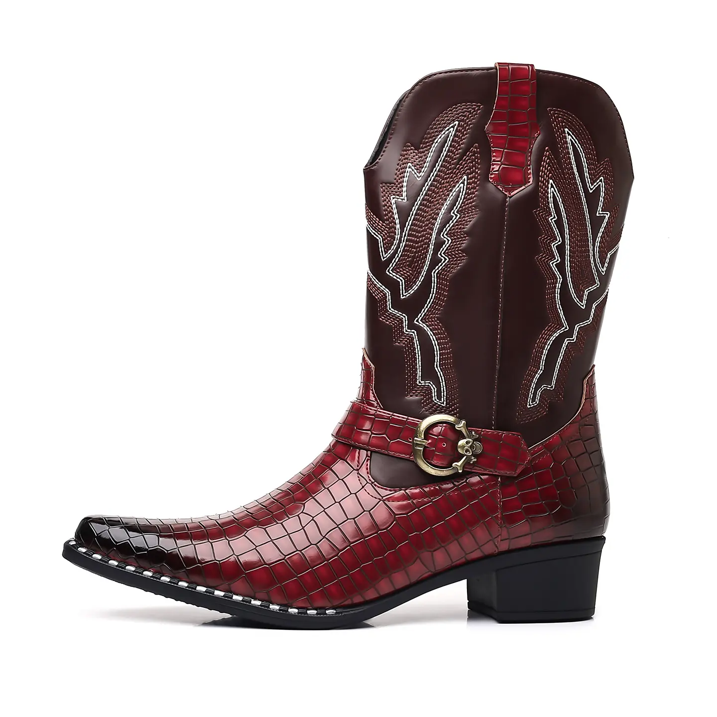 Men's Vintage Western Calf High Boots, Croc Print Microfiber Leather, Studded Buckle Strap Retro Party Footwear