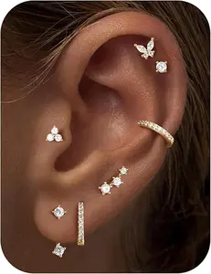 Hypoallergenic Earring Jacket Stacks - 7 Pairs 14K Gold Plated Flat Back Earrings Dainty  Cartilage Helix Earring Jacket, Fashion Accessories Western Jewelry Gifts