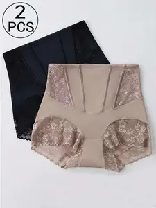 VYNCE 2pcs High Waist Firming Shapewear Panties, Suitable For Women, Post Partum Abdomen Shaping, Lace Detail, Breathable Nylon Blend, Hand Wash, Waist Shaping Underwear