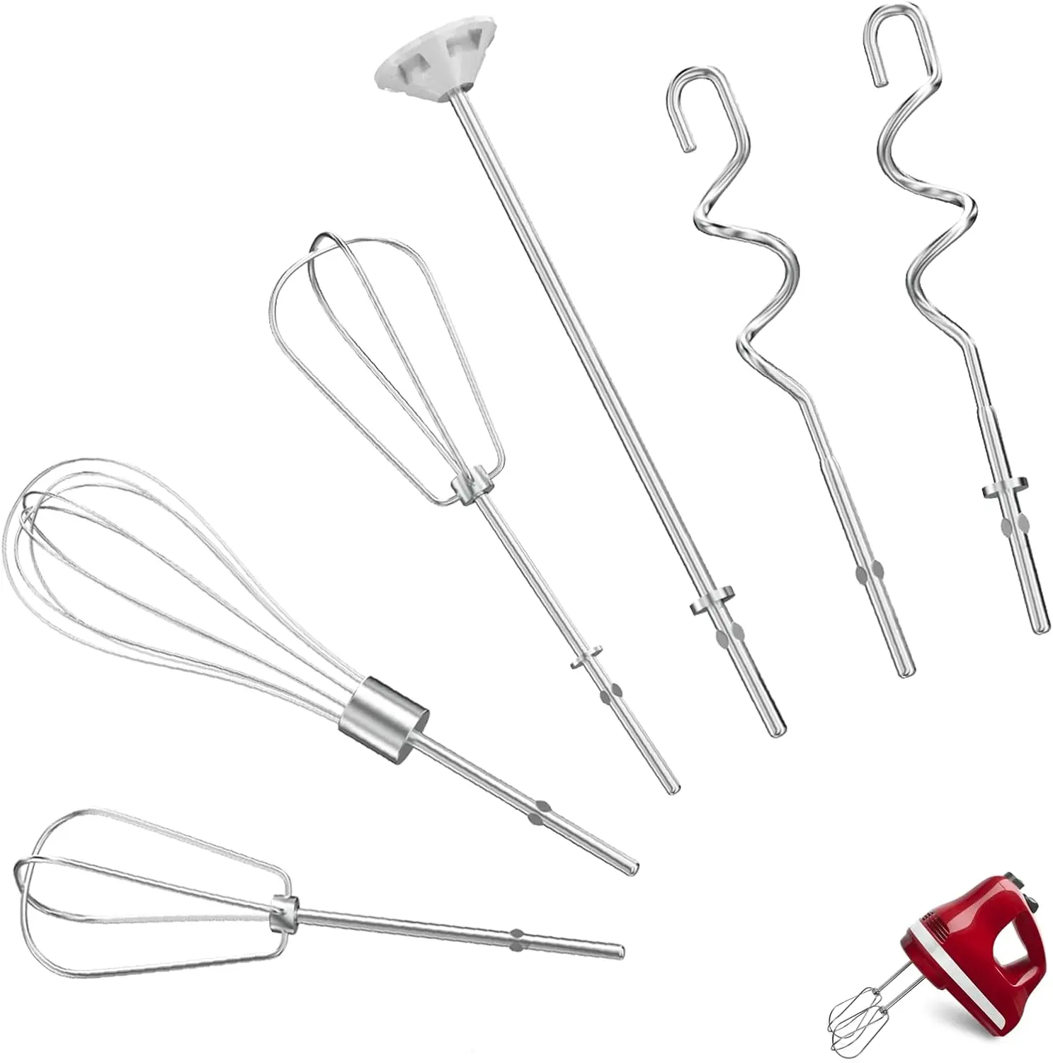 Hand Mixer Attachments Beater 6Pcs, Whisk, Blending Rod and Dough Hooks, Stainless Steel Hand Mixer Accessories for Kitchenaid Hand Mixers KHM3 KHM5 KHM7 KHM9, Dishwasher Safe
