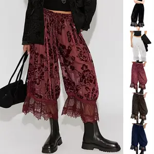 WoodBerry Women's Lace Trim Bloomers Trousers Lightweight Sheer Floral Burnout Casual Lantern Pants Y2k Elastic Waist with Lining to Prevent Exposure